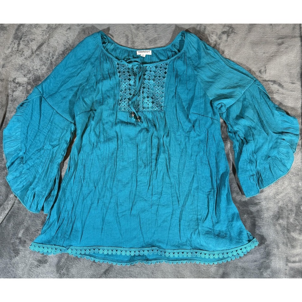 Westport Blouse Womens 1X Blue Crochet Lace Trim Bell Sleeve Boho Tunic Top